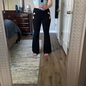 Black Ribbed Flare Pants with Flower Cutout